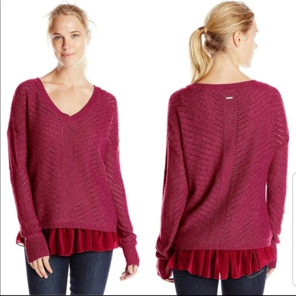 PrAna Plum Red Oversized Chiffon Peplum Underlay Hem Knit Sweater Size Small - Picture 1 of 10